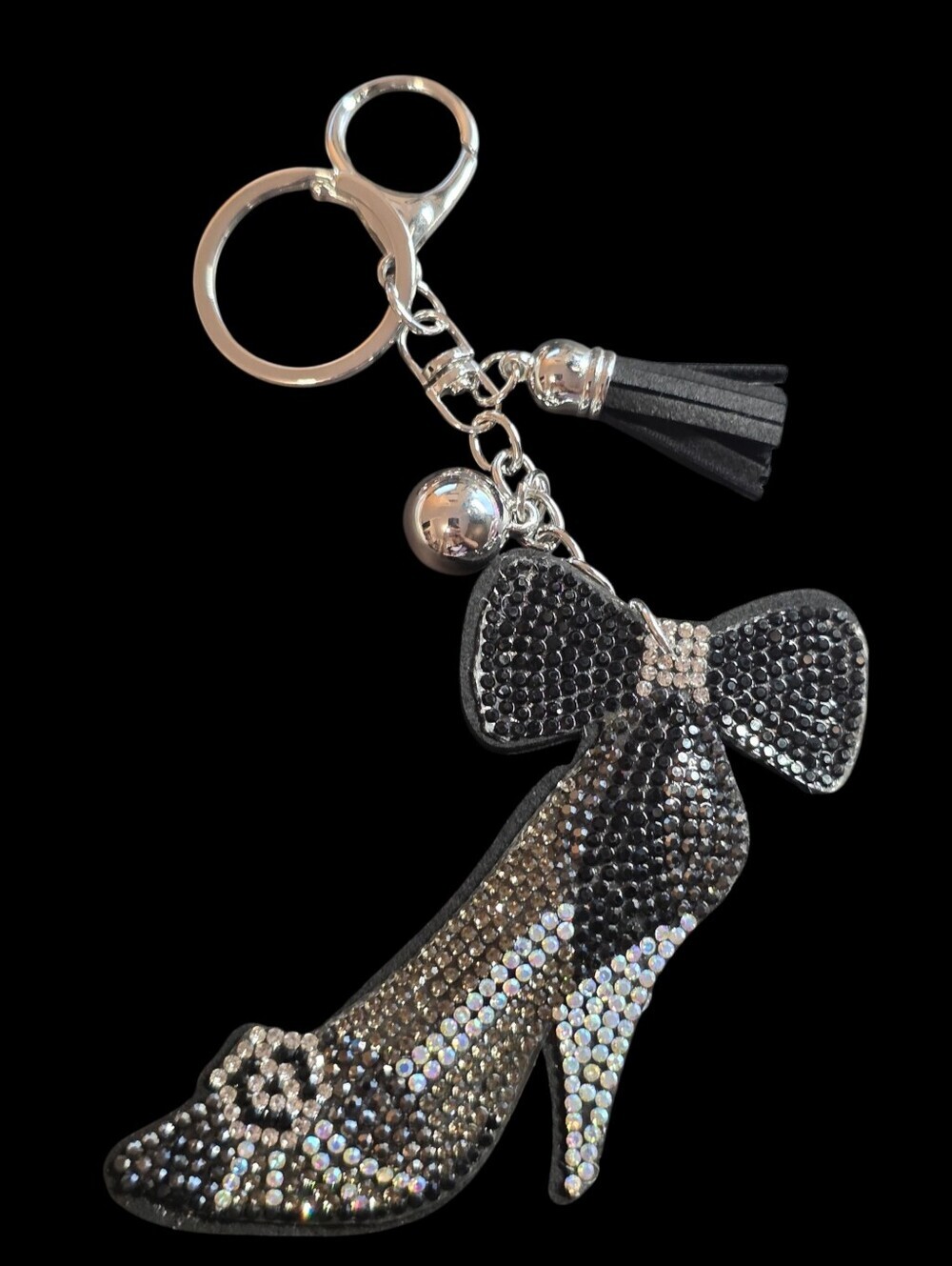 Crystal High Heel Bow Bsg Charm Keychain - Black and Silver